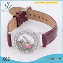 New Arrival Brown Leather,316l stainless steel memory floating locket Wrist Leather bracelets bangles